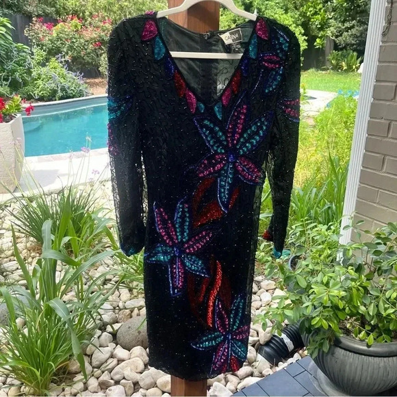VINTAGE SILK CARINA SEQUIN Black Long Sleeve Shift Dress Beaded M - Picture 4 of 14